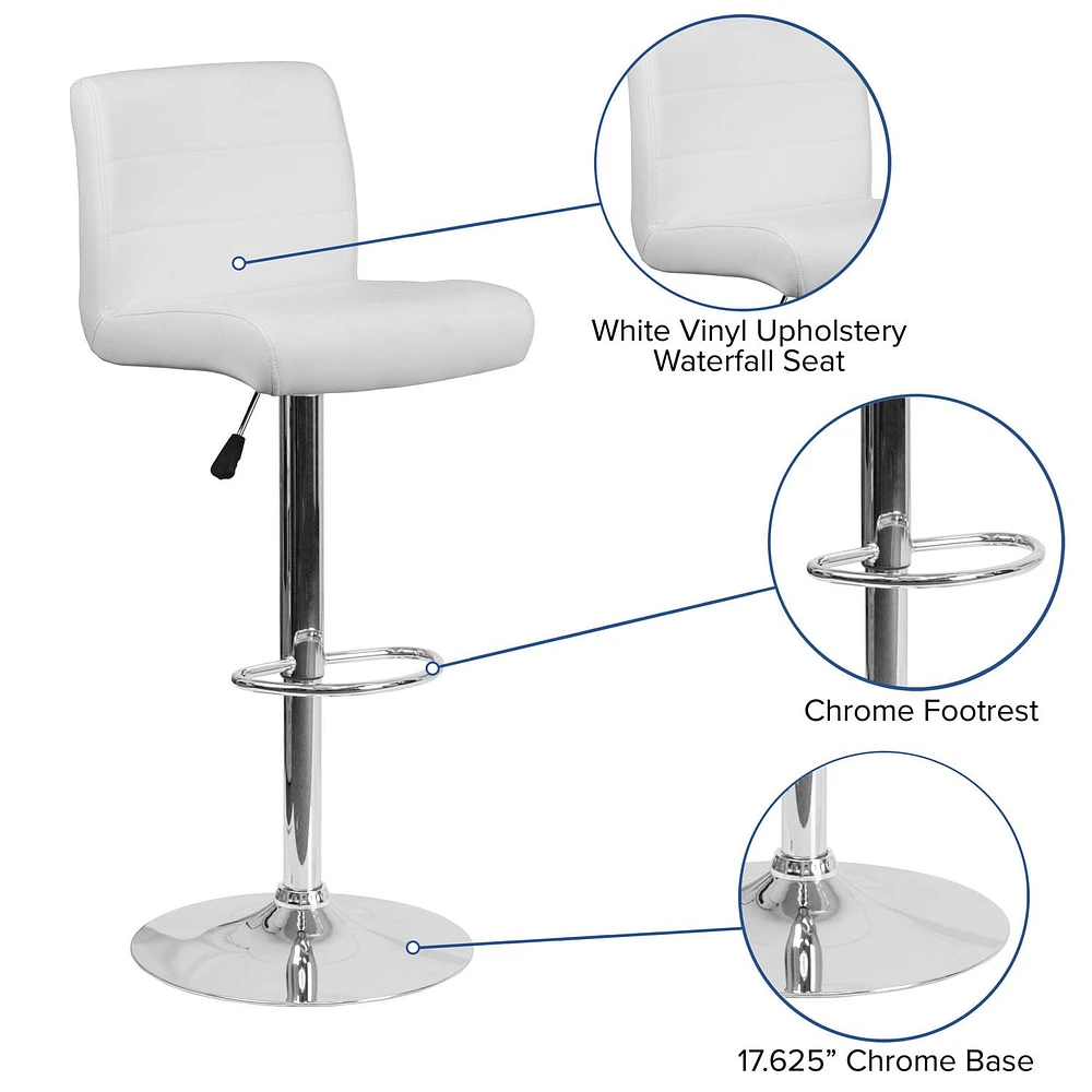 Contemporary White Vinyl Adjustable Height Barstool with Rolled Seat and Chrome Base