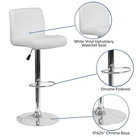 Contemporary White Vinyl Adjustable Height Barstool with Rolled Seat and Chrome Base