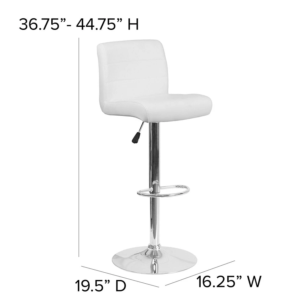 Contemporary White Vinyl Adjustable Height Barstool with Rolled Seat and Chrome Base