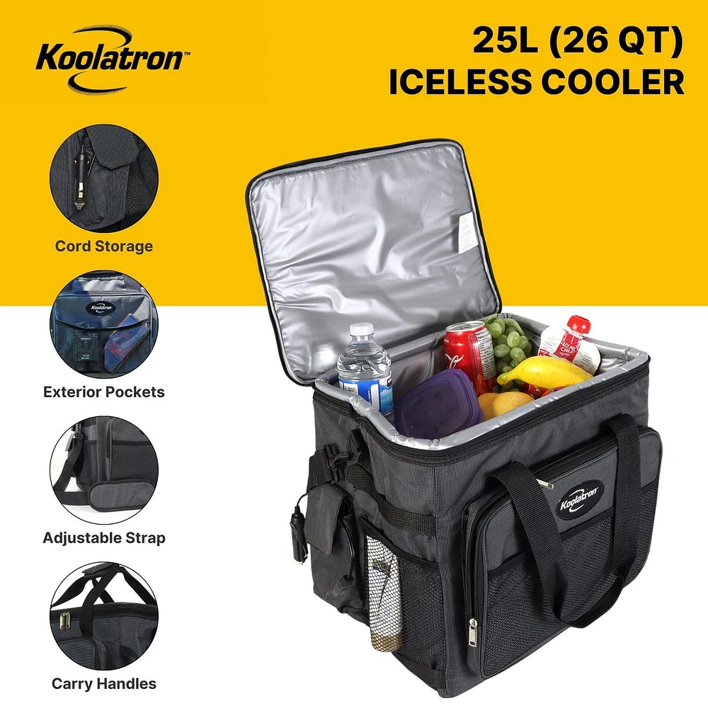 Koolatron Thermoelectric Iceless 12V Cooler Bag, 26 qt (25 L) Portable Mini Fridge, Black/Gray, Can fit up to 34 cans