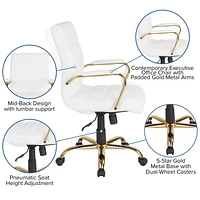 Mid-Back White Leather Executive Swivel Chair with Gold Frame and Arms