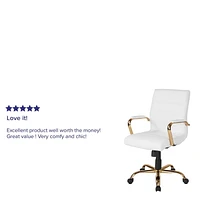 Mid-Back White Leather Executive Swivel Chair with Gold Frame and Arms