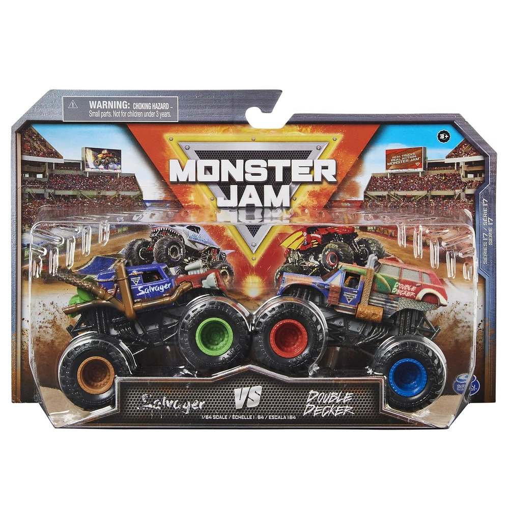 Monster Jam, Official Salvager Vs. Double Decker Die-Cast Monster Trucks, 1:64 Scale, Kids Toys for Boys Ages 3 and up