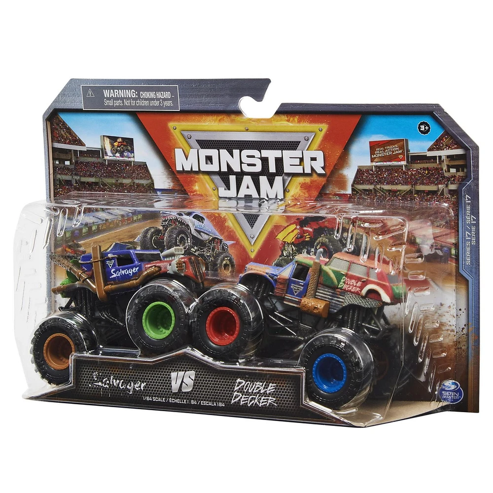 Monster Jam, Official Salvager Vs. Double Decker Die-Cast Monster Trucks, 1:64 Scale, Kids Toys for Boys Ages 3 and up