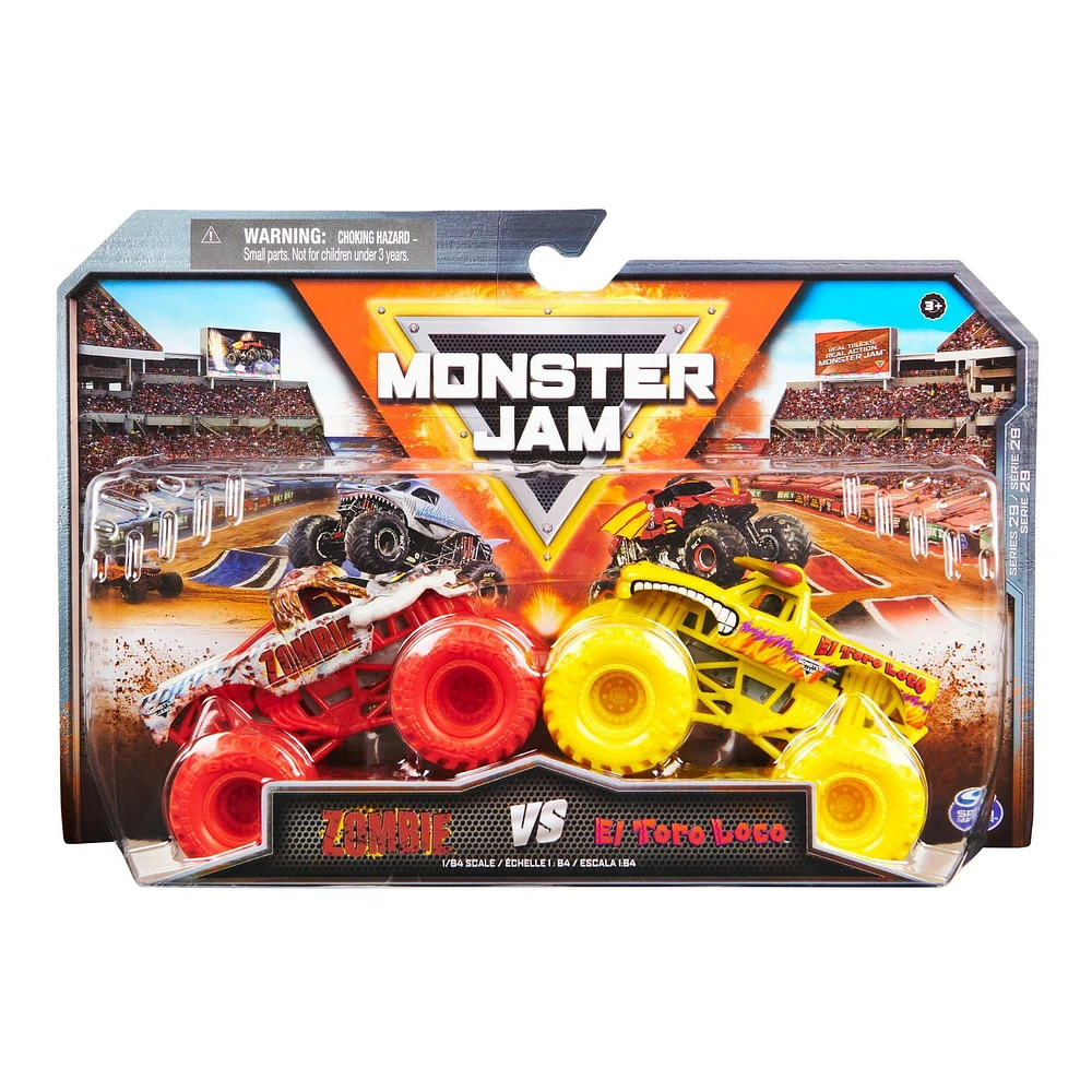 Monster Jam, Official Zombie Vs. El Toro Loco Die-Cast Monster Trucks, 1:64 Scale, Kids Toys for Boys Ages 3 and up