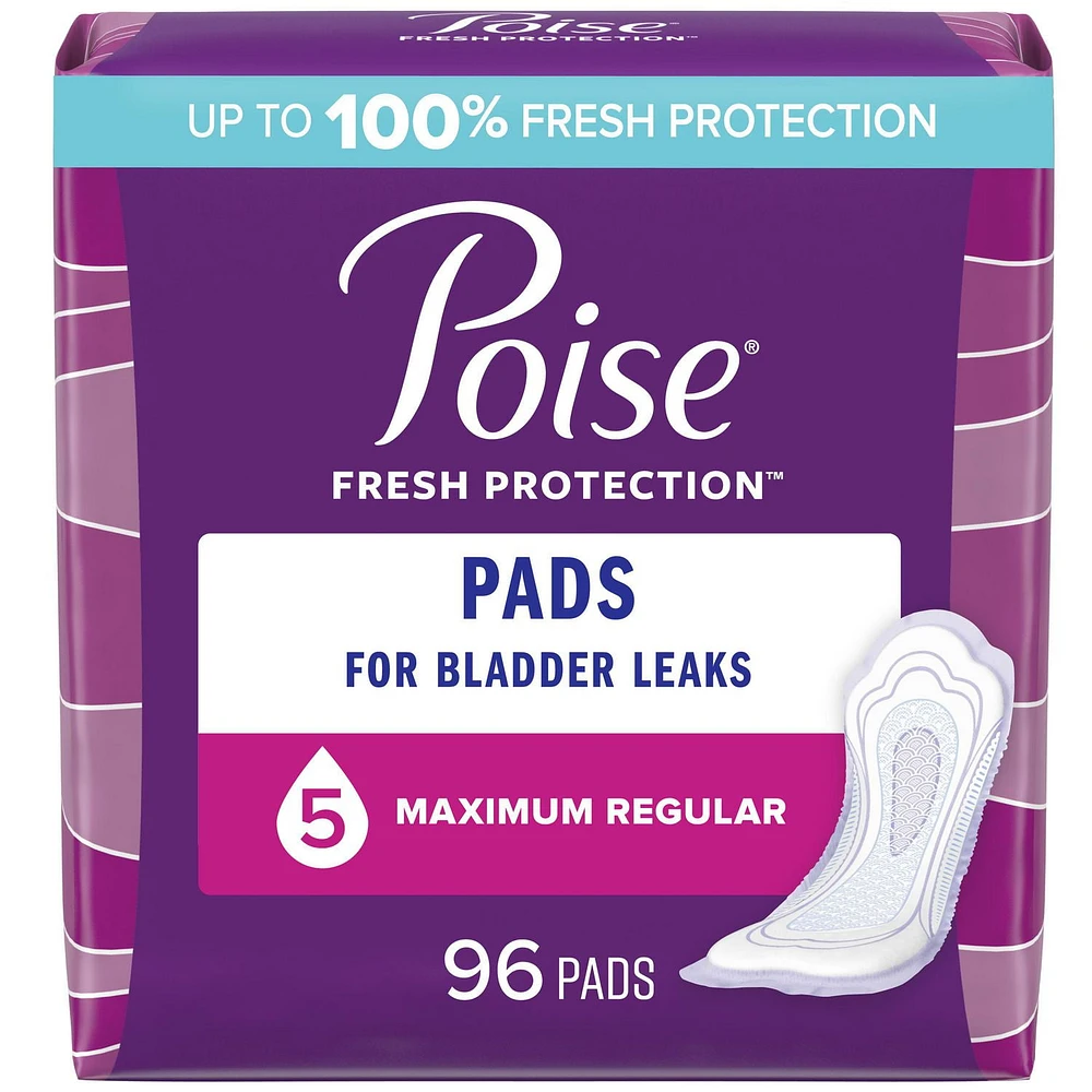 Poise Incontinence Pads for Women, 5 Drop, Maximum Absorbency, Regular, 96Ct