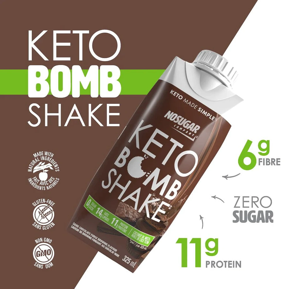 No Sugar Keto Bomb Shake Dark Chocolate Fudge Brownie, 4 x 325 mL