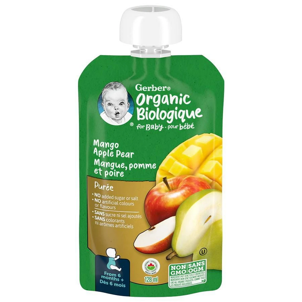 GERBER Organic Purée, Mango Apple Pear, Baby Food, 128 ml, 128 ML