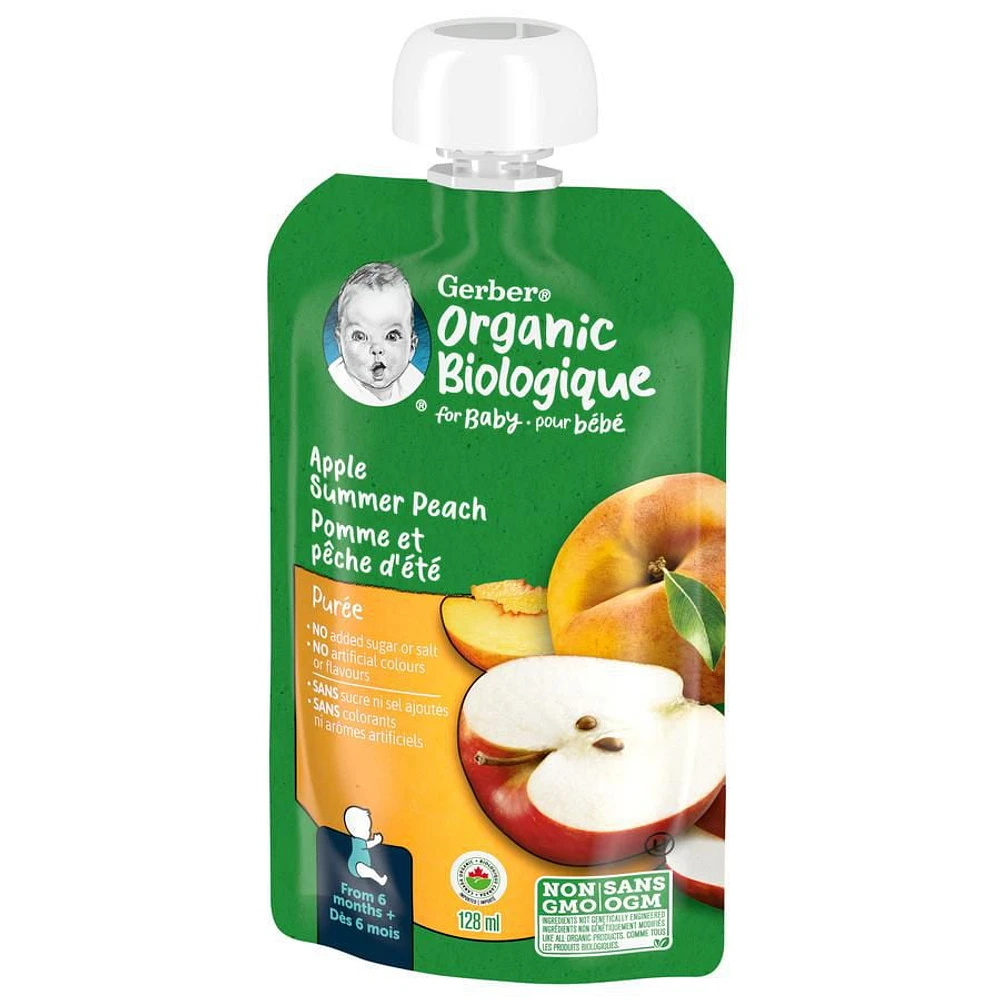 GERBER Organic Purée, Apple Summer Peach, Baby Food, 128 ml, 128 ML