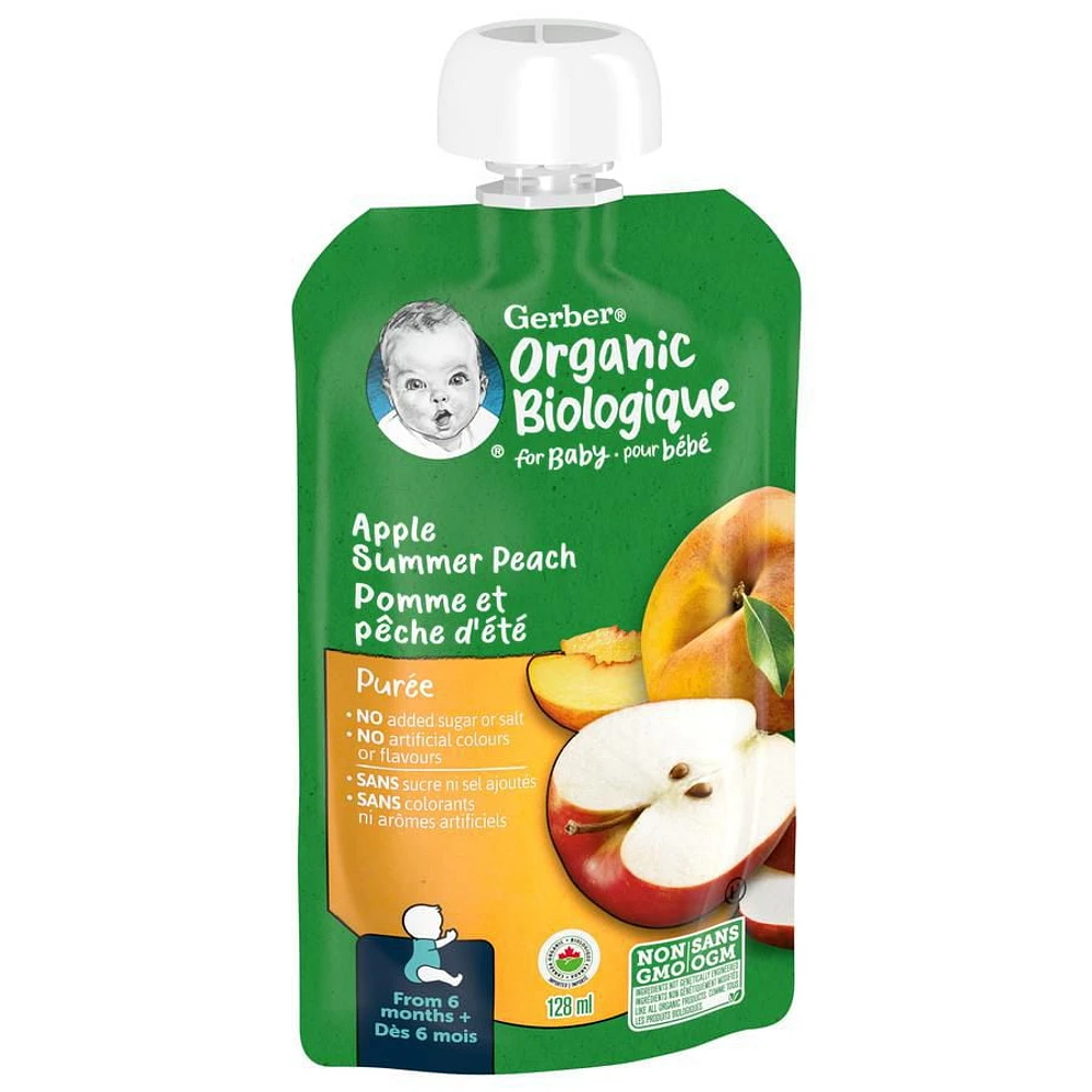 GERBER Organic Purée, Apple Summer Peach, Baby Food, 128 ml, 128 ML