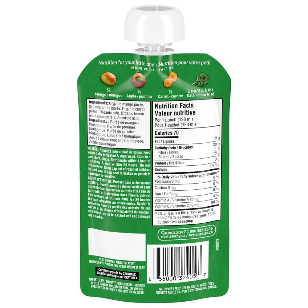 GERBER Organic Purée, Mango Apple Carrot Kale, Baby Food, 128 ml, 128 ML