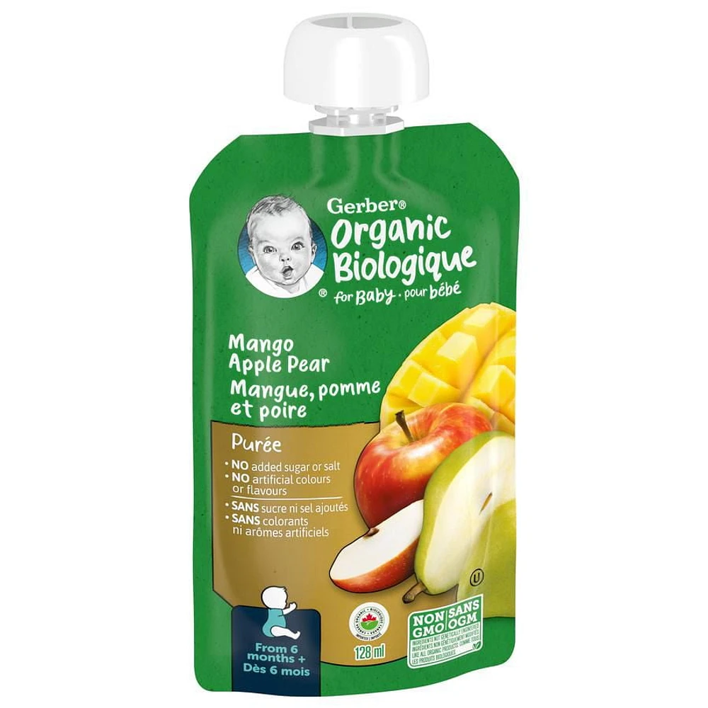 GERBER Organic Purée, Mango Apple Pear, Baby Food, 128 ml, 128 ML