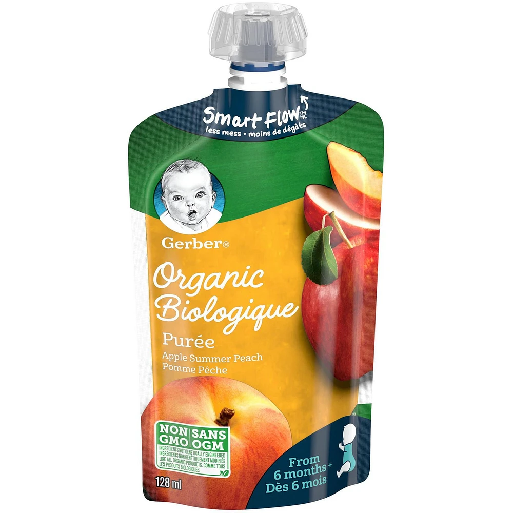 GERBER Organic Purée, Apple Summer Peach, Baby Food, 128 ml, 128 ML