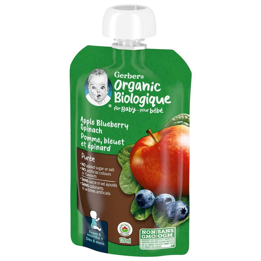 Purée GERBER Biologique Pomme Bleuet Épinard pour bébés, 128 ml 128 ml