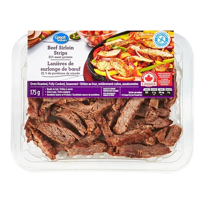 Great Value Lanières de surlonge de bœuf cuites, assaisonnées.
