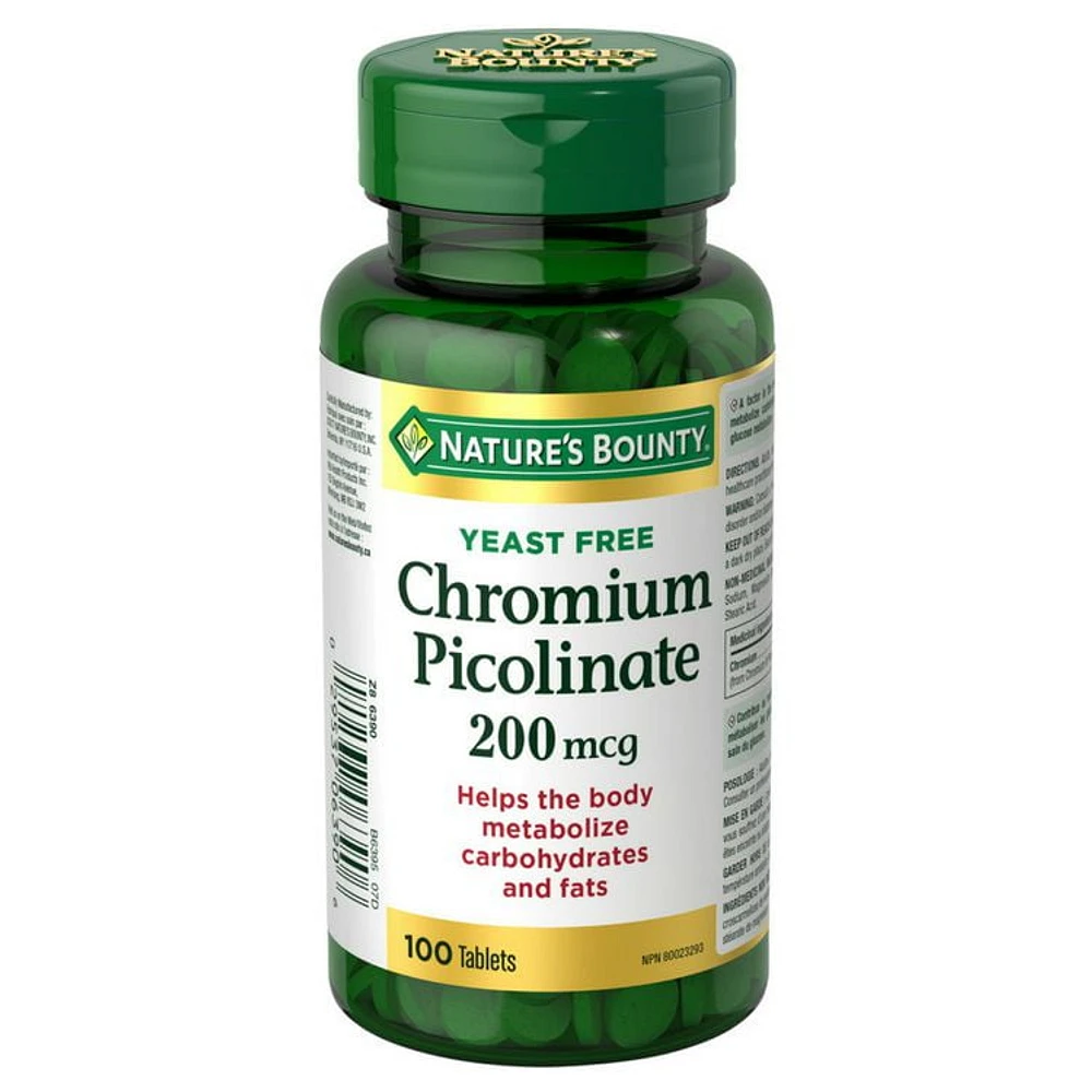 NATURE'S BOUNTY Chromium, Yeast Free, 200 mg, Helps Maintain Normal Blood Glucose Levels, Helps to maintain the body's ability to metabolize nutrients, Provides Support for Healthy Glucose Metabolism, Tablets 100.0 count, 100 Tablets