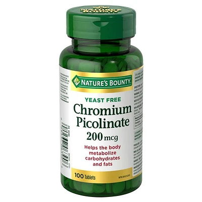 NATURE'S BOUNTY Chromium, Yeast Free, 200 mg, Helps Maintain Normal Blood Glucose Levels, Helps to maintain the body's ability to metabolize nutrients, Provides Support for Healthy Glucose Metabolism, Tablets 100.0 count, 100 Tablets