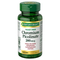 NATURE'S BOUNTY Chromium, Yeast Free, 200 mg, Helps Maintain Normal Blood Glucose Levels, Helps to maintain the body's ability to metabolize nutrients, Provides Support for Healthy Glucose Metabolism, Tablets 100.0 count, 100 Tablets