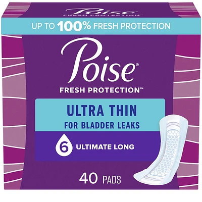 Poise Ultra Thin Incontinence Pads for Women, 6 Drop, Ultimate Absorbency, Long, 40Ct, 40 Count