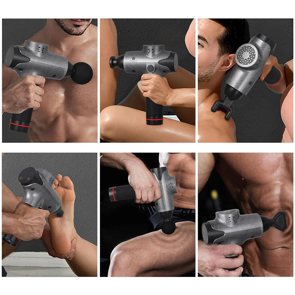 Pistolet de massage Oumilen Percussion des tissus profonds à 20 vitesses pour une relaxation profonde, appareil de massage électrique portatif sans fil pour le cou, le dos, les muscles et 6 têtes inclus