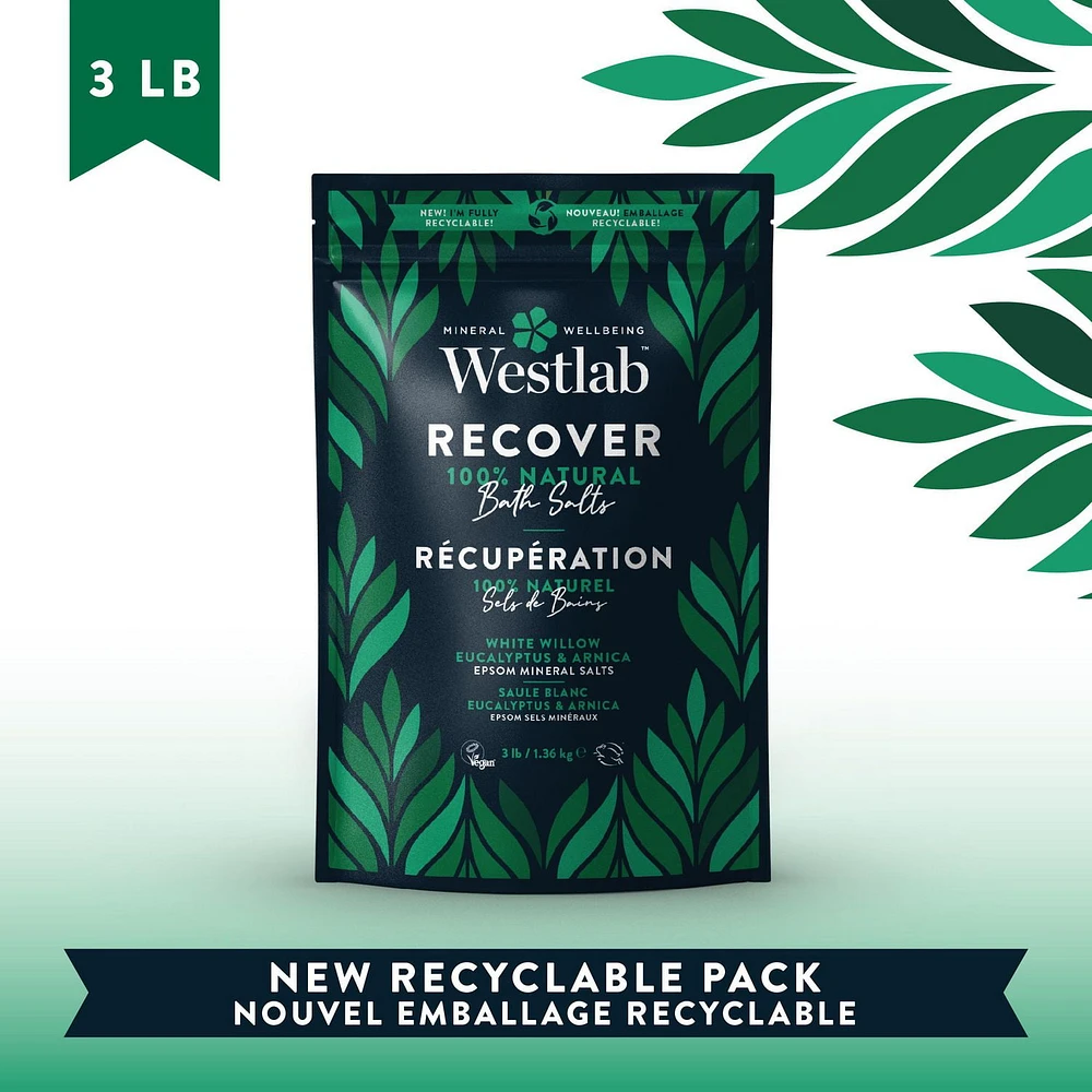 Westlab Recover - Epsom Bathing Salts with White Willow& Eucalyptus | with added Arnica | Soothe Tired and overworked muscles | 100% natural. 100% vegan, 100% cruelty-free, 1.36kg (3lb)