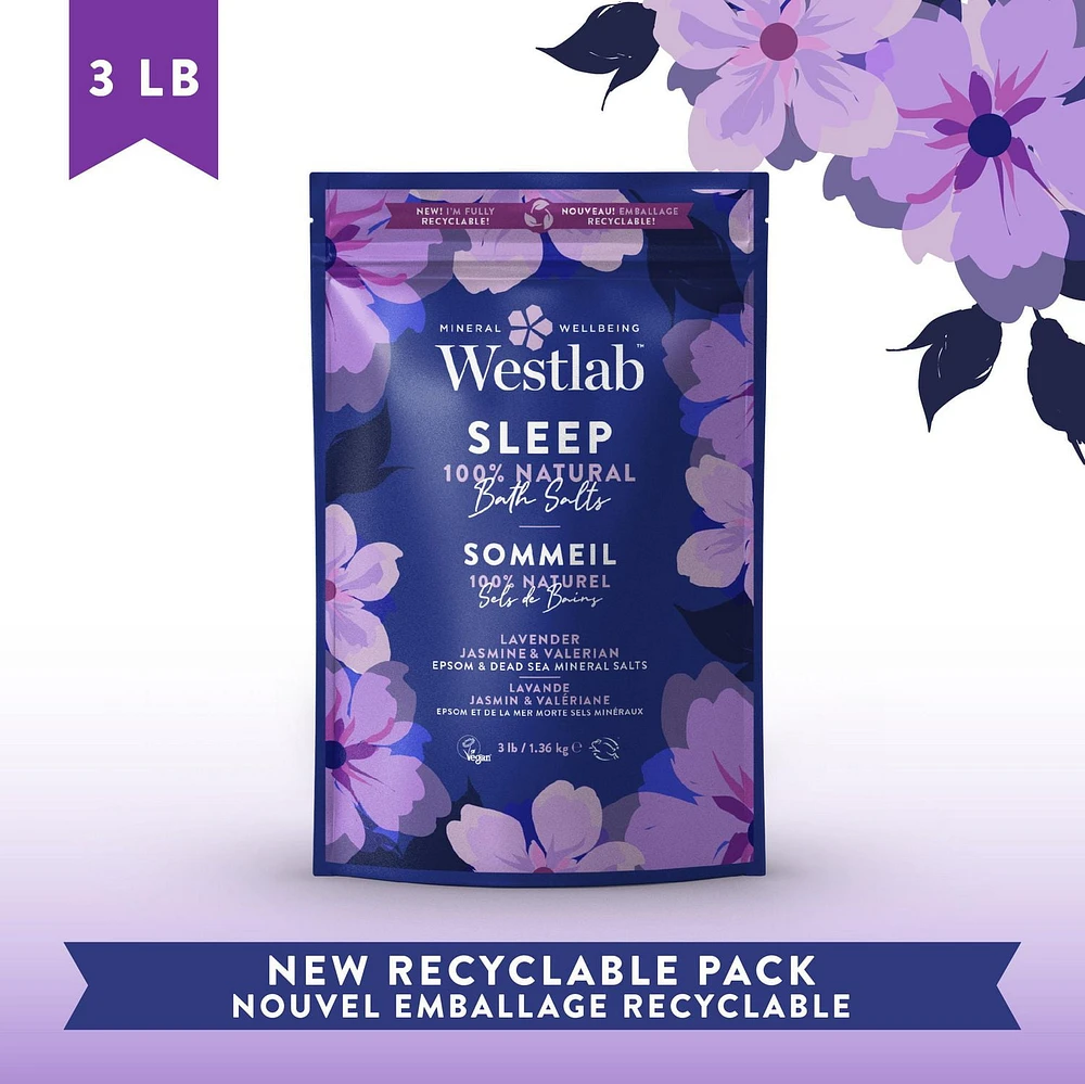 Westlab Sommeil - Sels de Bain d'Epsom et de la Mer Morte, Parfumés à la Lavande, Jasmin et au Valériane |  100% végétalien, 100% naturel, 100% sans cruauté. 1,36 kg (3 livres)