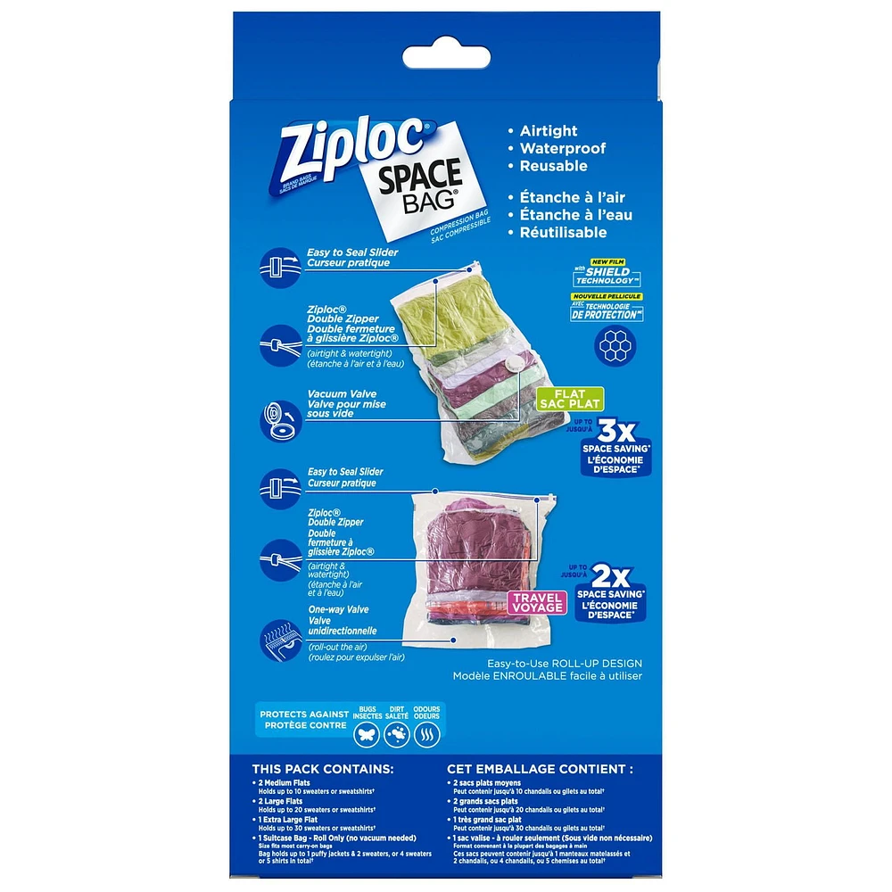 Ziploc Space Bag Vacuum Bags Variety Pack, 6 Bags (2 Medium, 2 Large, 1 Extra Large Flat bags, and 1 Travel bag), Provides protection - 6 bags