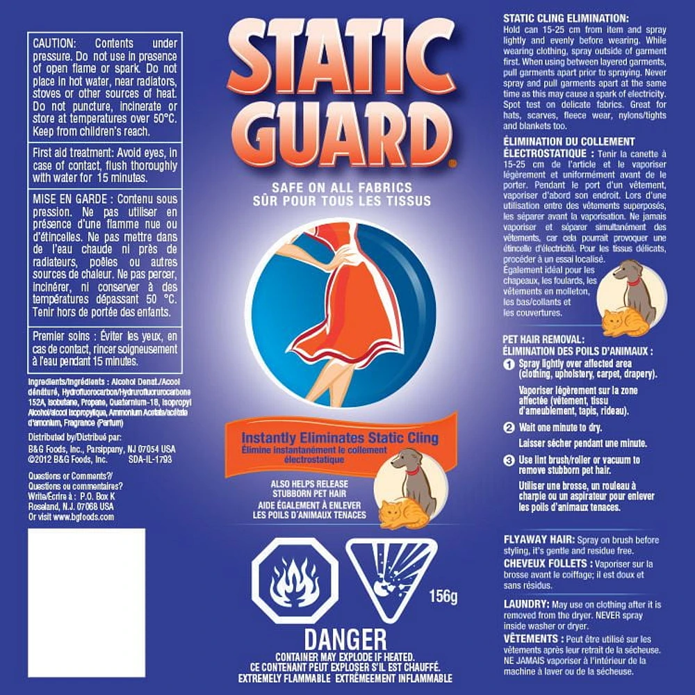 Static Guard No-Cling Fabric Spray, Static Guard 156 g