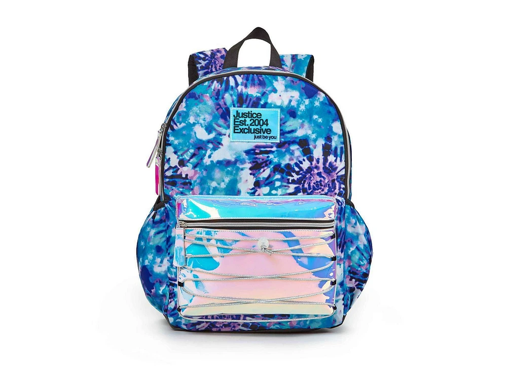 Justice™ Brand Girls Tie Dye Nylon Multi Compartment 17” Backpack with Shiny Holographic Pocket and Bungee Cord Feature