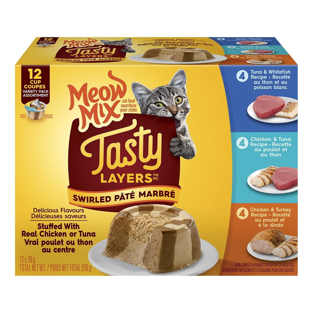 Meow Mix Tasty Layers Poultry and Fish Wet Cat Food, Variety Pack, 936g (78g x 12)