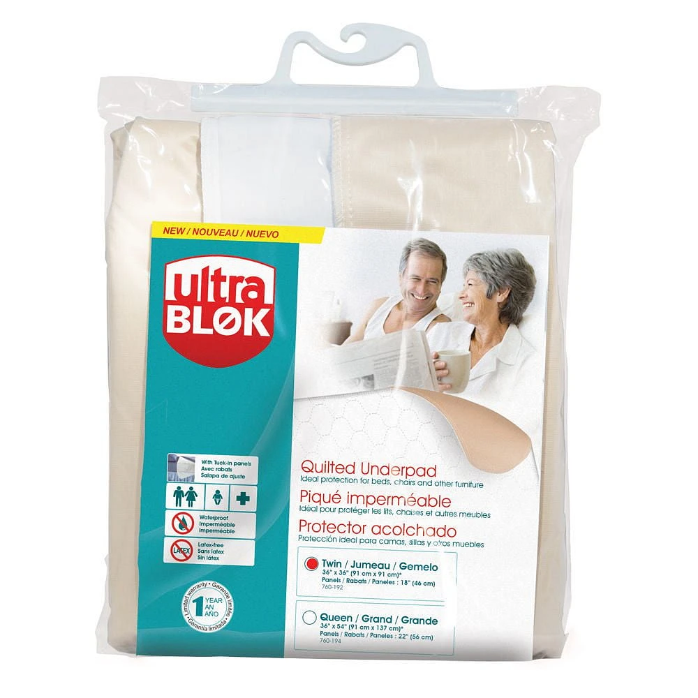UltraBlok Reusable Incontinence Underpad W/Tuck-In Panels, Bed + Furniture, Wt, Twin 36" X 36", Ea