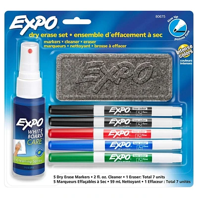 Expo Low Odour Dry Erase Marker Set with White Board Eraser and Cleaner, Fine Tip Dry-Erase Markers, Assorted Colours, 7-Piece Set