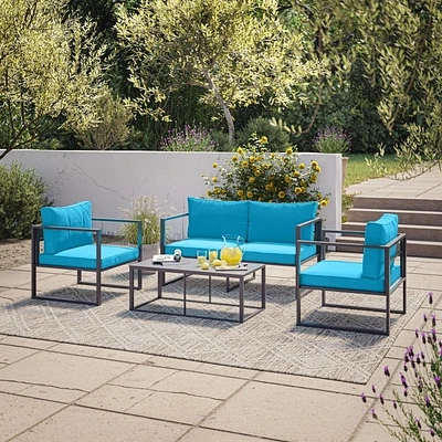 CorLiving Delia 4-Piece Rust Resistant Heavy-Duty Steel Frame Patio Conversation Set with Chairs and Loveseat with Cushions, and Coffee Table