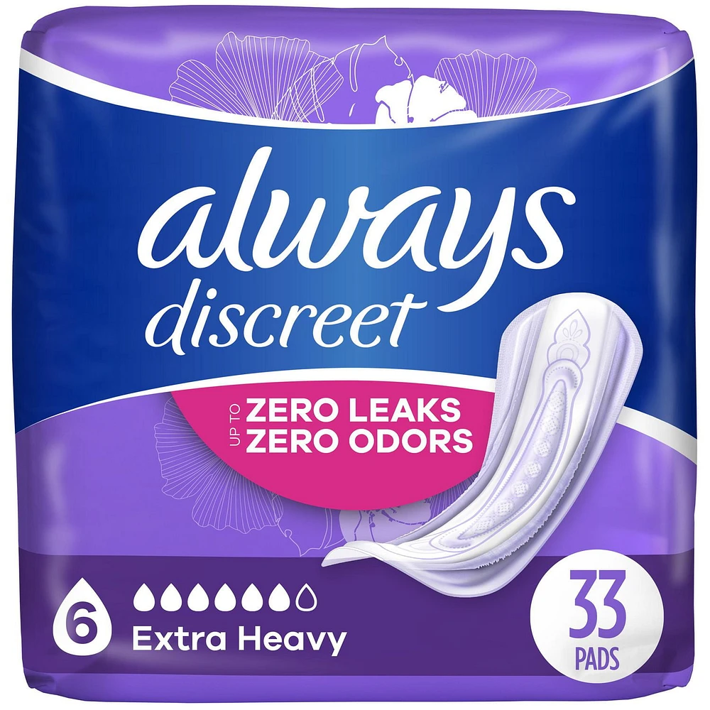 Always Discreet Adult Incontinence Pads for Women, Extra Heavy Absorbency, Regular Length, Postpartum Pads, 33CT