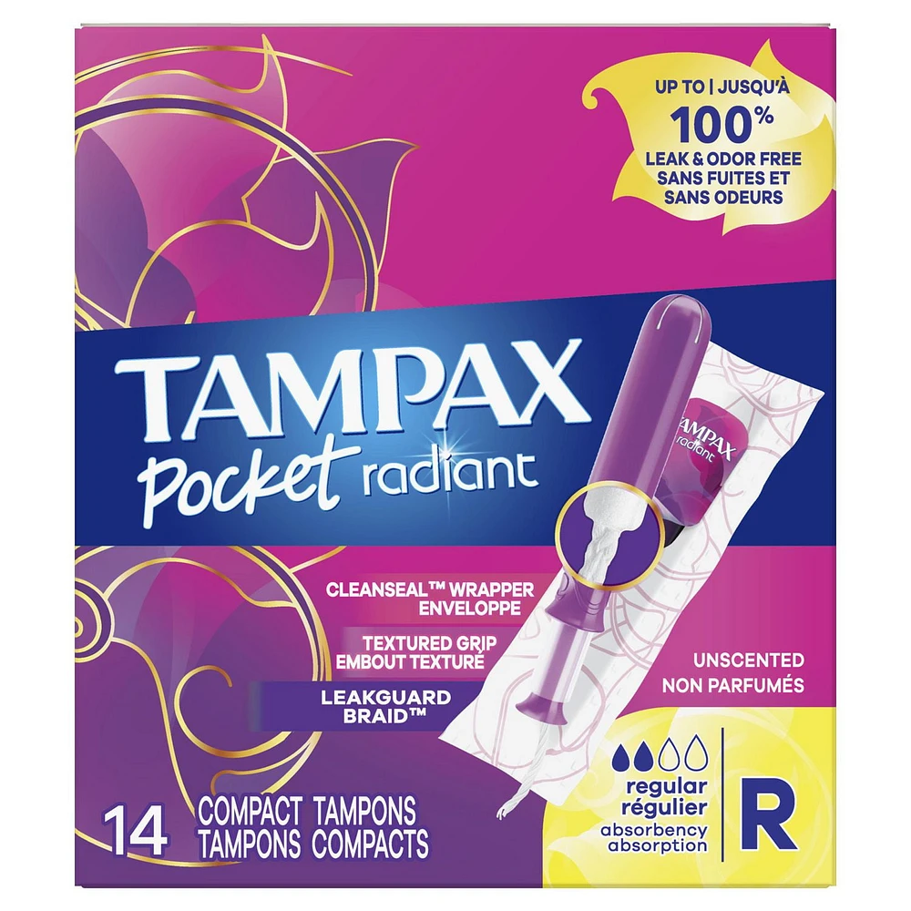 Tampax Pocket Radiant Compact Tampons Regular Absorbency with BPA-Free Plastic Applicator and LeakGuard Braid, Unscented, 14CT