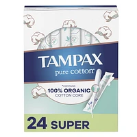 Tampax Pure Cotton Tampons, Contains 100% Organic Cotton Core, Super Absorbency, Unscented, 24CT