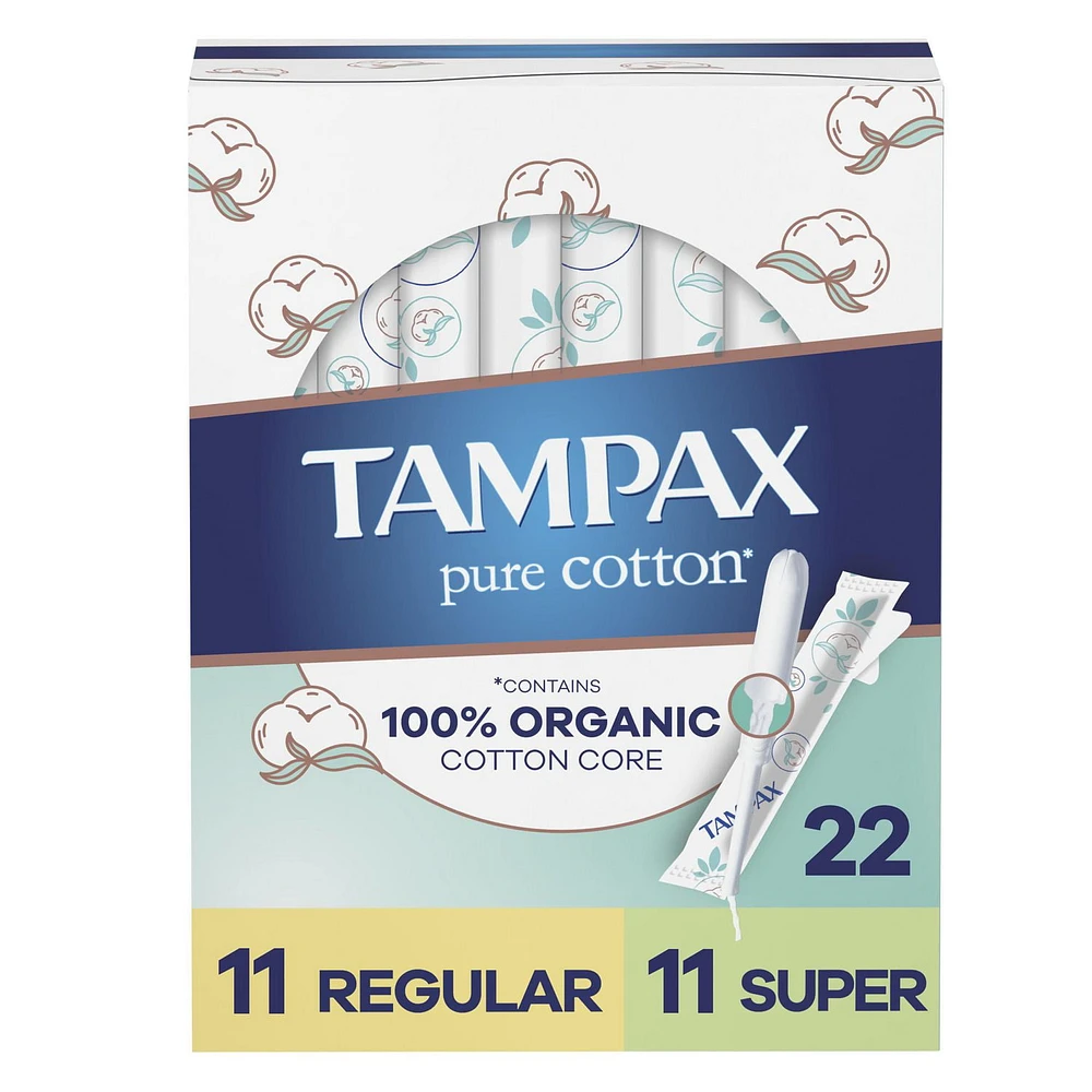 Tampax Pure Cotton Tampons, Contains 100% Organic Cotton Core, Regular/Super Absorbency, Unscented, 22CT