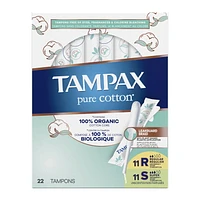 Tampax Pure Cotton Tampons, Contains 100% Organic Cotton Core, Regular/Super Absorbency, Unscented, 22CT