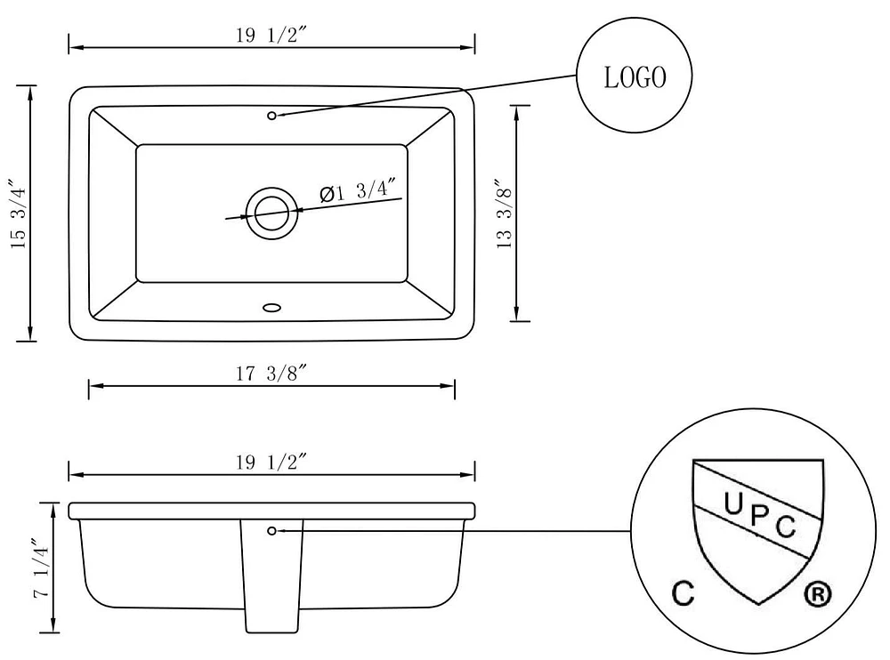 American Imaginations 19.5-in. W CUPC Rectangle Bathroom Undermount Sink Set In White - Black Hardware - Overflow Drain Incl. AI-31789