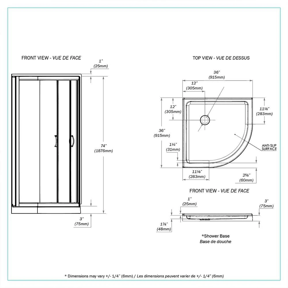 A&E Bath and Shower MONA-36-BLK-NW SHOWER NO WALLS