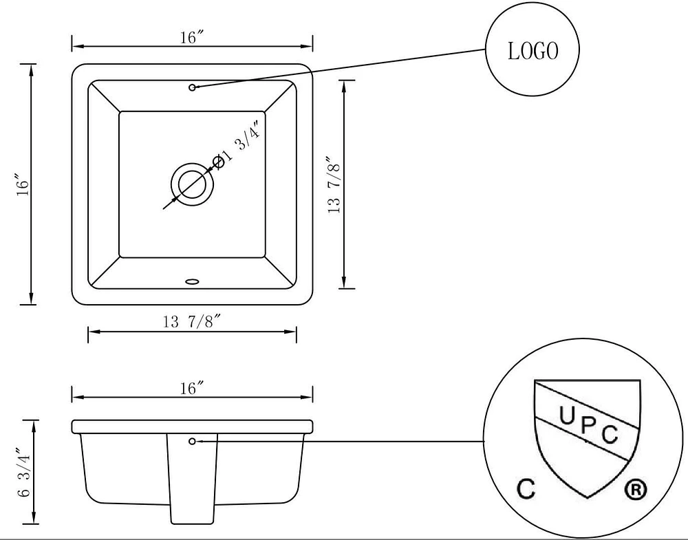 American Imaginations 16-in. W CUPC Square Bathroom Undermount Sink Set In White - Black Hardware - Overflow Drain Incl. AI-31807