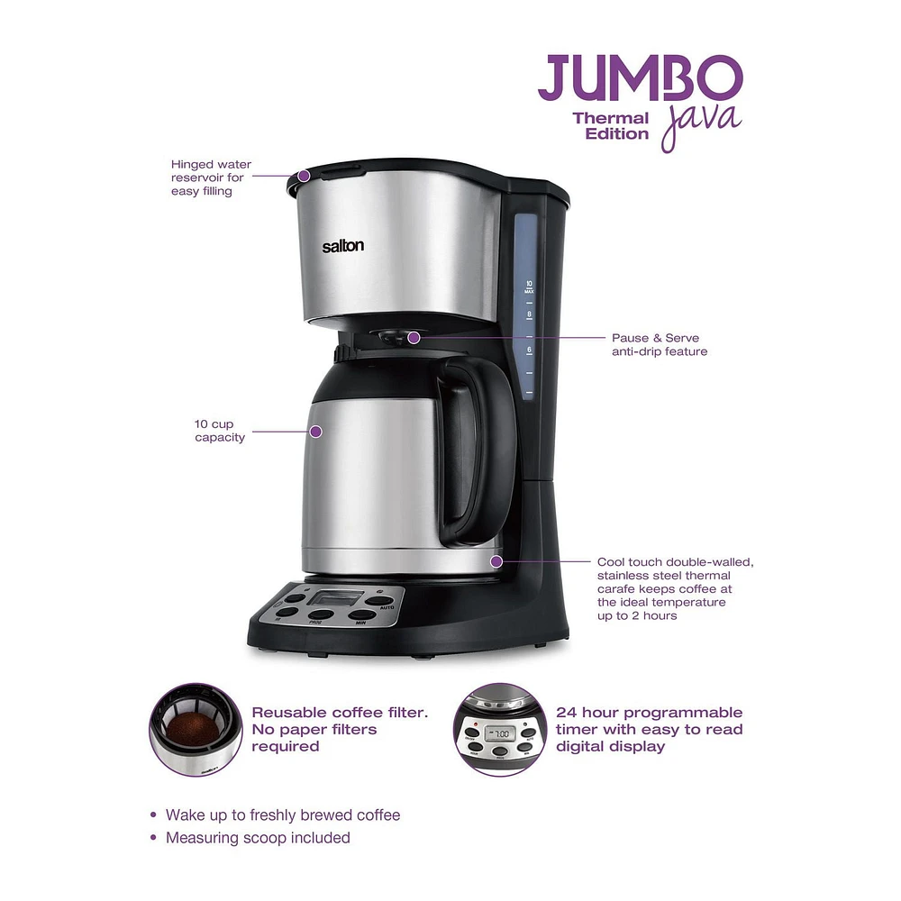 Salton Jumbo Java Coffee Maker 10 Cup with Thermal Carafe, 1000W, FC1667TH