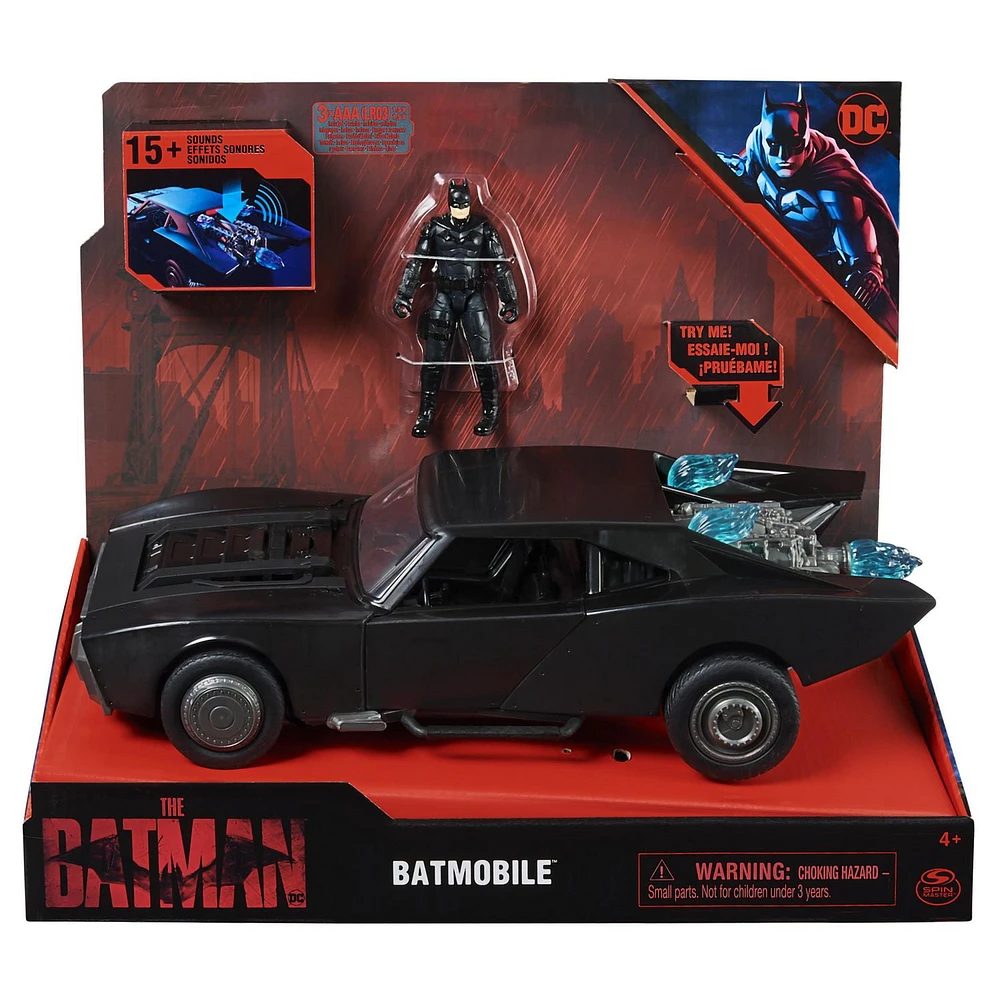 DC Comics, Batman Batmobile with 4” Batman Figure, Lights and Sounds, The Batman Movie Collectible, Kids Toys for Boys and Girls Ages 4 and up