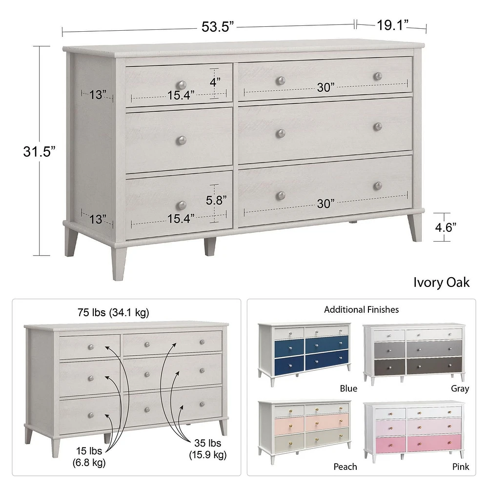 Little Seeds Monarch Hill Poppy White 6 Drawer Dresser, Grey Drawers