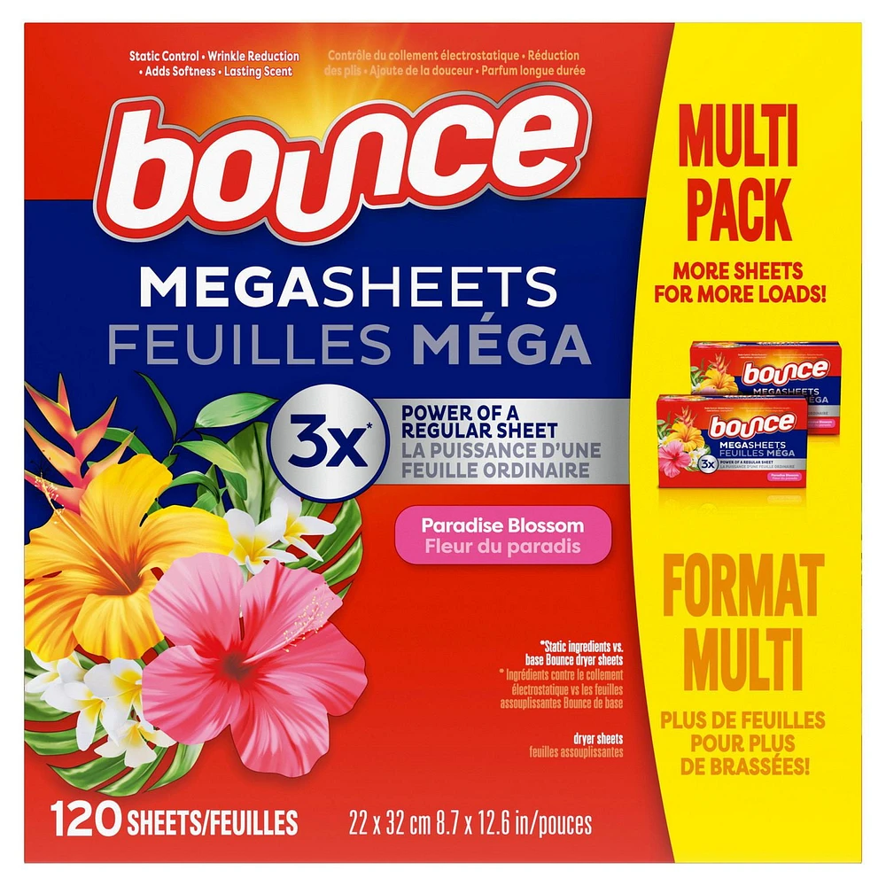 Bounce Mega Dryer Sheets, Paradise Blossom, Mega Fabric Softener Sheets with Static Control, Wrinkle Reduction, Extra Softness, Lasting Scent, Repels Lint, 120CT