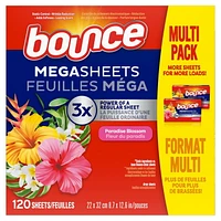 Bounce Mega Dryer Sheets, Paradise Blossom, Mega Fabric Softener Sheets with Static Control, Wrinkle Reduction, Extra Softness, Lasting Scent, Repels Lint, 120CT