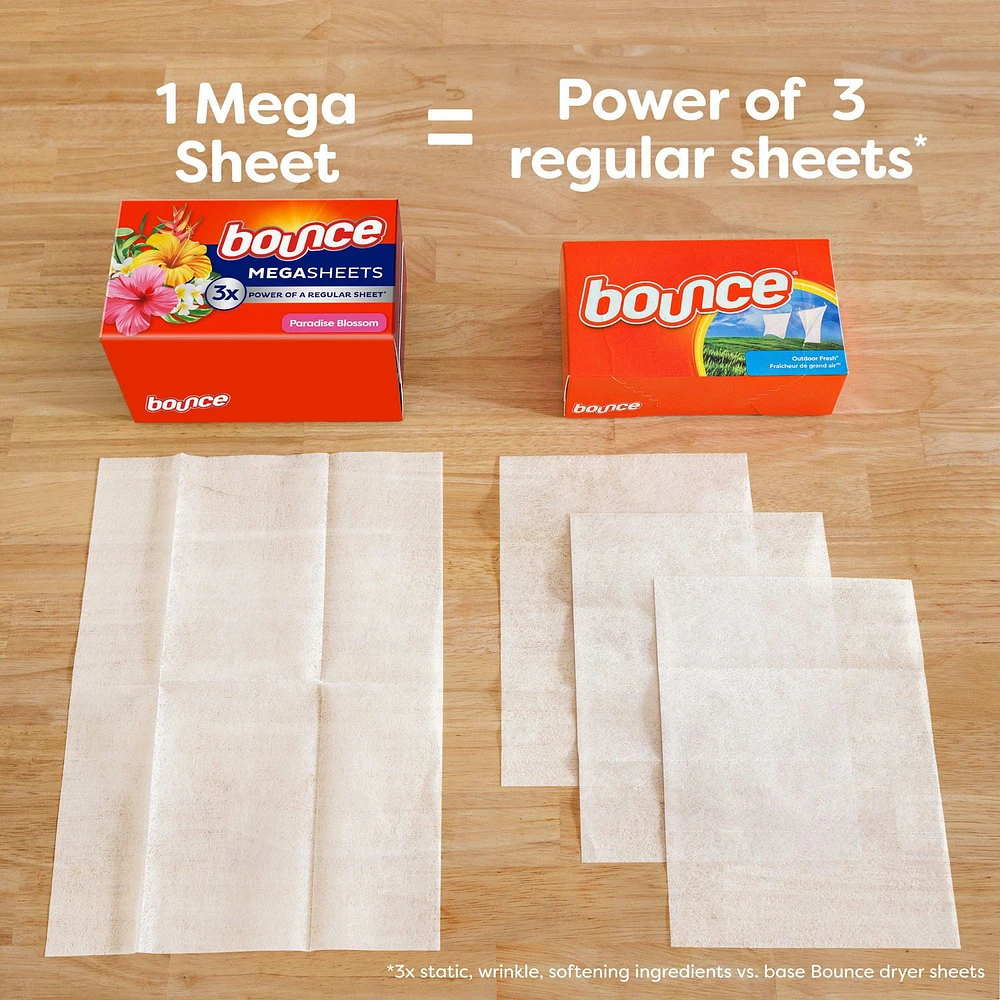 Bounce Mega Dryer Sheets, Paradise Blossom, Mega Fabric Softener Sheets with Static Control, Wrinkle Reduction, Extra Softness, Lasting Scent, Repels Lint, 120CT