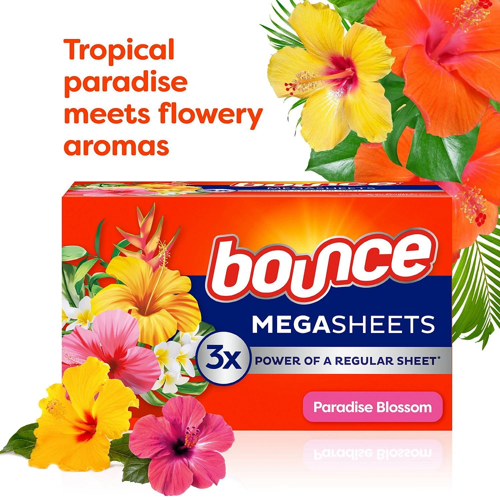 Bounce Mega Dryer Sheets, Paradise Blossom, Mega Fabric Softener Sheets with Static Control, Wrinkle Reduction, Extra Softness, Lasting Scent, Repels Lint, 120CT