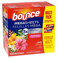 Bounce Mega Dryer Sheets, Paradise Blossom, Mega Fabric Softener Sheets with Static Control, Wrinkle Reduction, Extra Softness, Lasting Scent, Repels Lint, 120CT