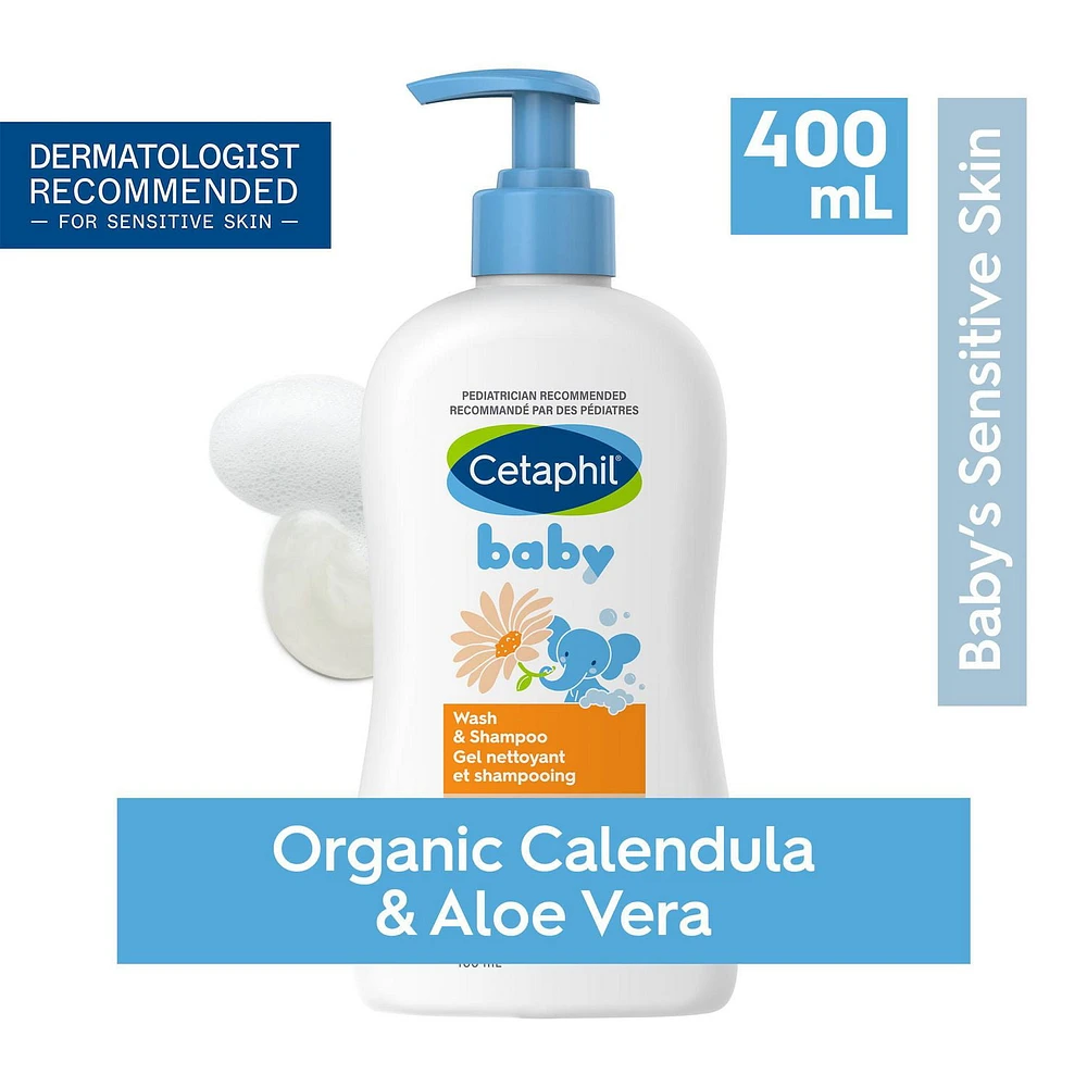 Cetaphil Baby Wash And Shampoo with Organic Calendula | Tear Free | Paraben, Colourant and Mineral Oil Free | 400ml Pump, Pediatrician Recommended